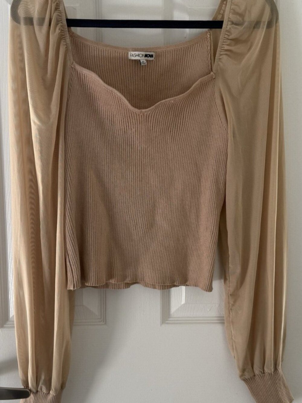 Fashion Nova Plus Size 2X Tan Nude Ribbed Knit Top Sheer Mesh Puff Sleeve